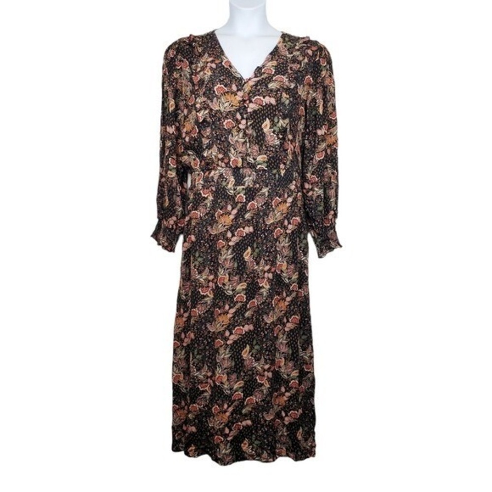 Garnet Hill Womens Long Sleeve Paisley Moody Floral Midi Dress Size L NWOT